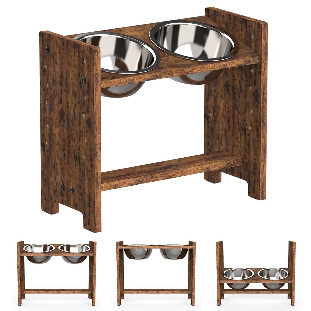 Vantic Elevated Dog Bowls 9 Adjustable Heights Tilted Raised Stand Rustic Brown